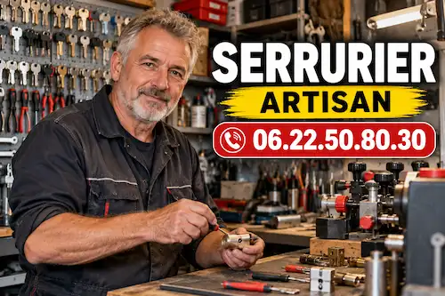 David, artisan serrurier dans son atelier de serrurerie, travaillant sur un cylindre avec ses outils professionnels
